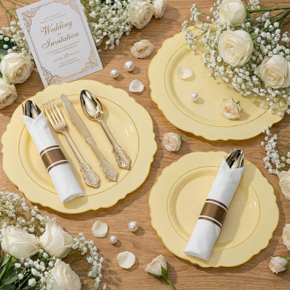 350PCS Yellow Plates - Yellow Disposable Plastic Plates With Gold Rim-50Guest Plastic Dinnerware include 100 Plates,50 Pack Pre Rolled Napkins with Silverware 50Cups for Wedding＆Party