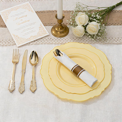 350PCS Yellow Plates - Yellow Disposable Plastic Plates With Gold Rim-50Guest Plastic Dinnerware include 100 Plates,50 Pack Pre Rolled Napkins with Silverware 50Cups for Wedding＆Party