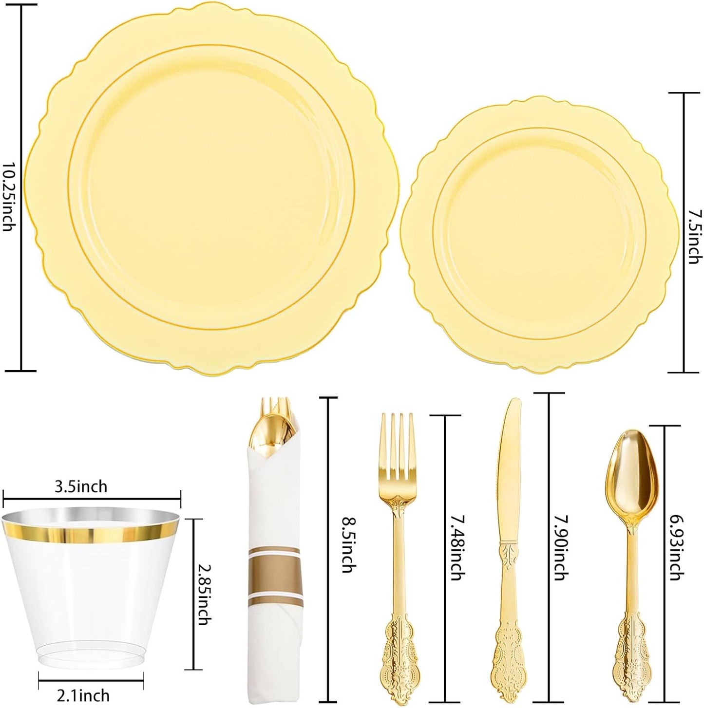 350PCS Yellow Plates - Yellow Disposable Plastic Plates With Gold Rim-50Guest Plastic Dinnerware include 100 Plates,50 Pack Pre Rolled Napkins with Silverware 50Cups for Wedding＆Party