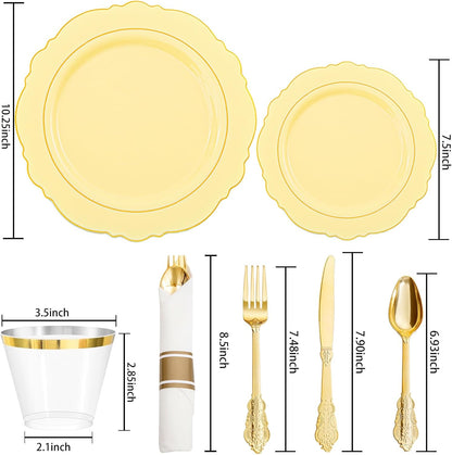 350PCS Yellow Plates - Yellow Disposable Plastic Plates With Gold Rim-50Guest Plastic Dinnerware include 100 Plates,50 Pack Pre Rolled Napkins with Silverware 50Cups for Wedding＆Party