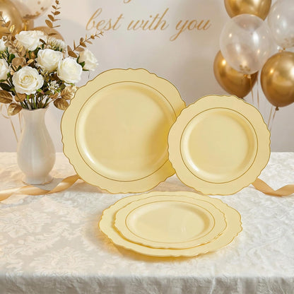 350PCS Yellow Plates - Yellow Disposable Plastic Plates With Gold Rim-50Guest Plastic Dinnerware include 100 Plates,50 Pack Pre Rolled Napkins with Silverware 50Cups for Wedding＆Party