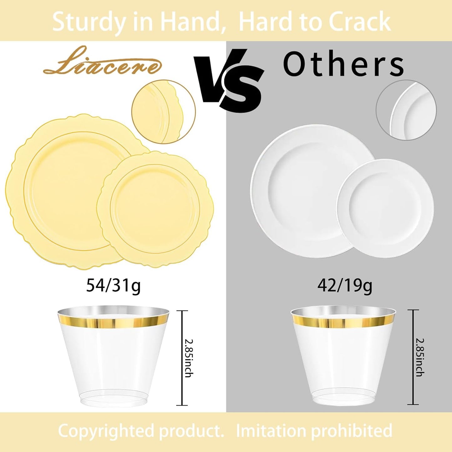 350PCS Yellow Plates - Yellow Disposable Plastic Plates With Gold Rim-50Guest Plastic Dinnerware include 100 Plates,50 Pack Pre Rolled Napkins with Silverware 50Cups for Wedding＆Party