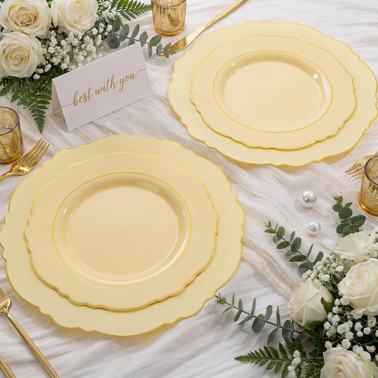 350PCS Yellow Plates - Yellow Disposable Plastic Plates With Gold Rim-50Guest Plastic Dinnerware include 100 Plates,50 Pack Pre Rolled Napkins with Silverware 50Cups for Wedding＆Party