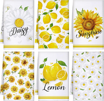 6 Pcs Sunflower Kitchen Towels Lemon Daisy Flower Dishtowels 24 x 16 Inches Floral Absorbent Fast Drying Farmhouse Hand Towels for Christmas Bathroom Gifts Decorations