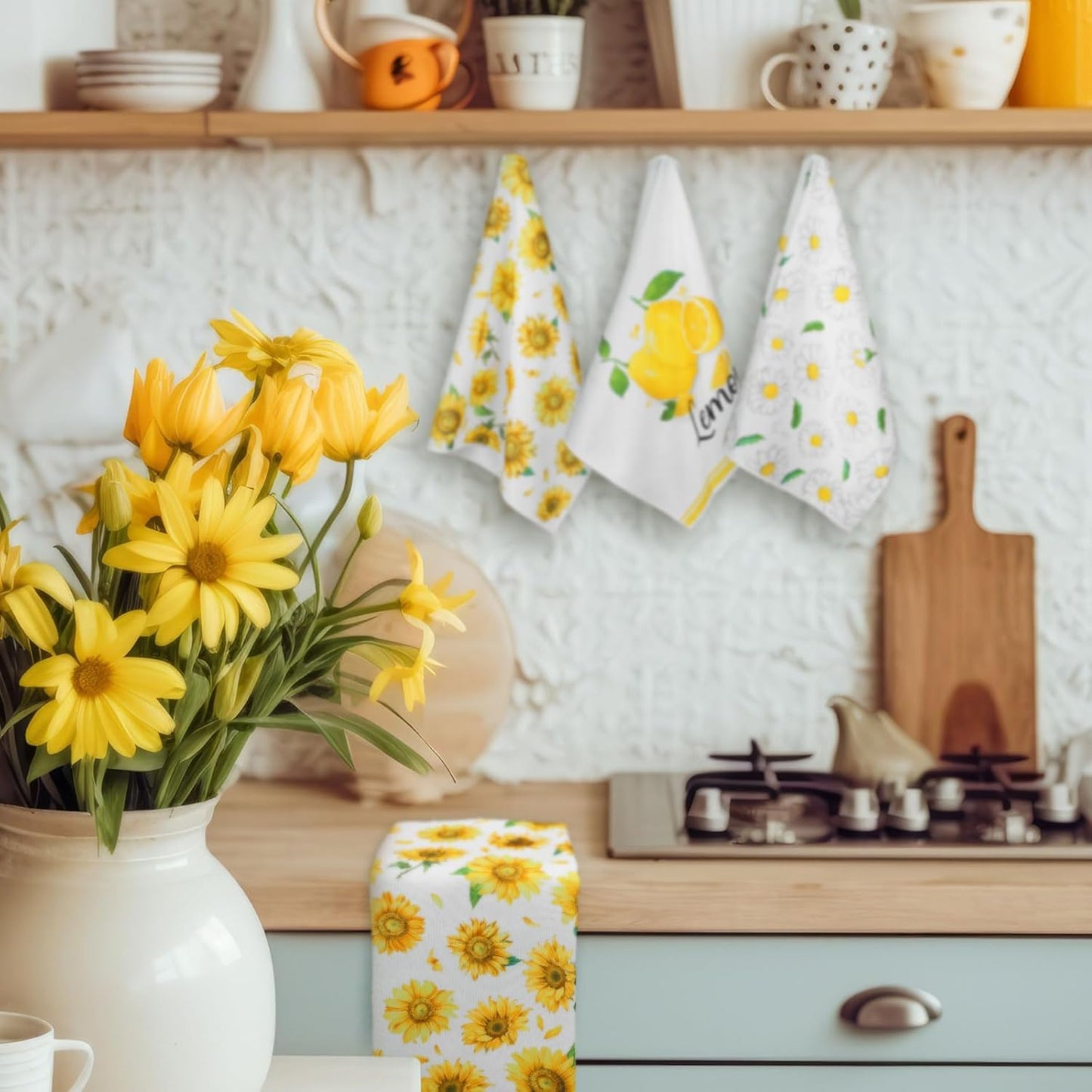 6 Pcs Sunflower Kitchen Towels Lemon Daisy Flower Dishtowels 24 x 16 Inches Floral Absorbent Fast Drying Farmhouse Hand Towels for Christmas Bathroom Gifts Decorations