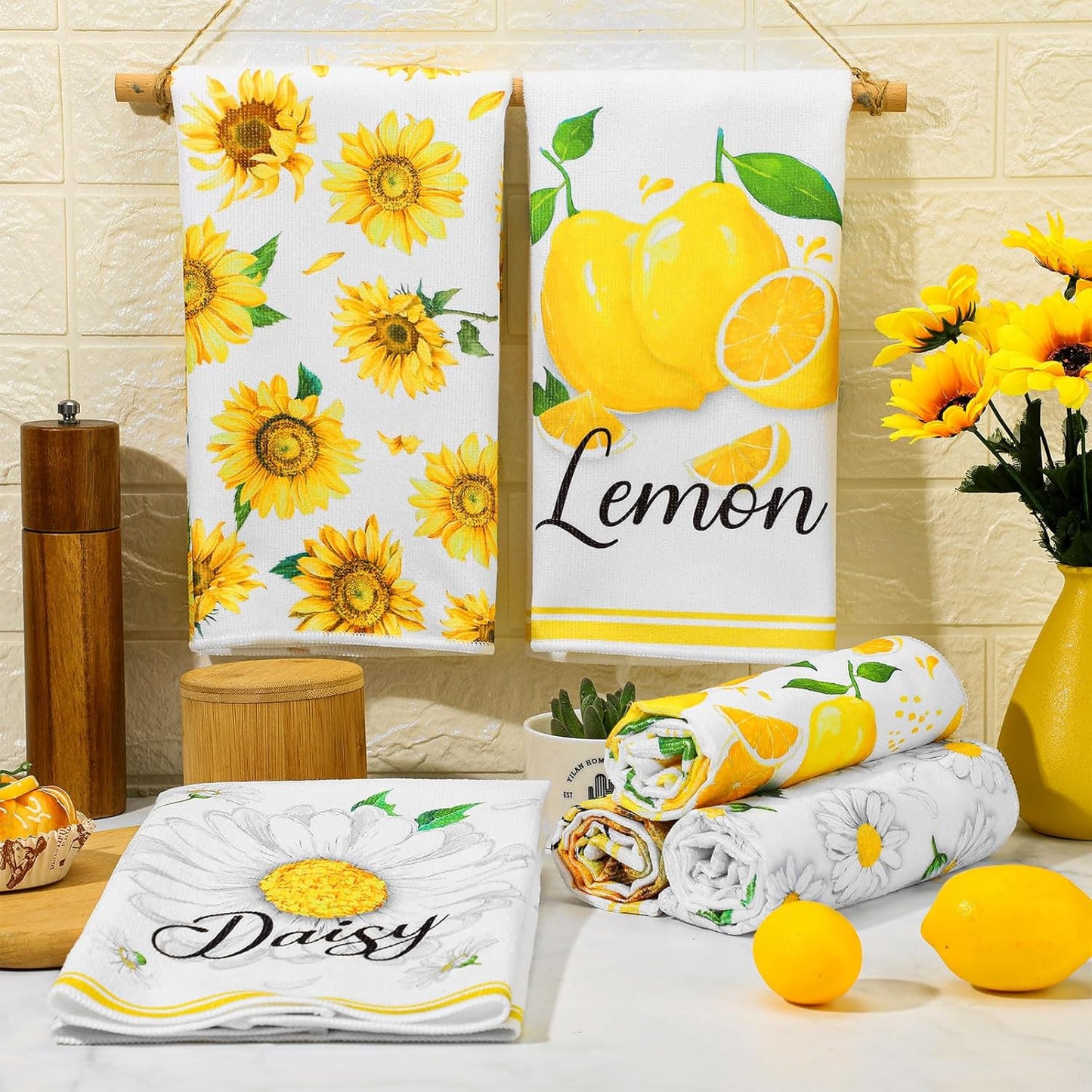 6 Pcs Sunflower Kitchen Towels Lemon Daisy Flower Dishtowels 24 x 16 Inches Floral Absorbent Fast Drying Farmhouse Hand Towels for Christmas Bathroom Gifts Decorations