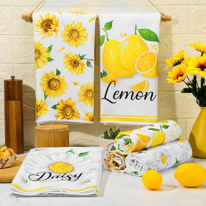 6 Pcs Sunflower Kitchen Towels Lemon Daisy Flower Dishtowels 24 x 16 Inches Floral Absorbent Fast Drying Farmhouse Hand Towels for Christmas Bathroom Gifts Decorations