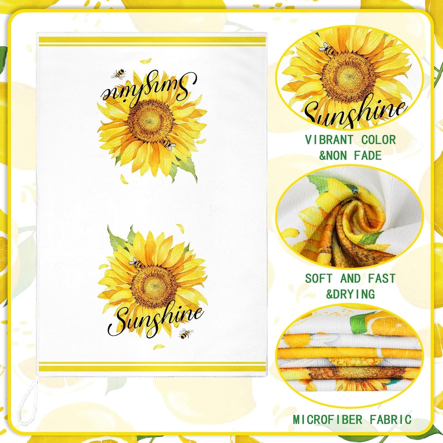 6 Pcs Sunflower Kitchen Towels Lemon Daisy Flower Dishtowels 24 x 16 Inches Floral Absorbent Fast Drying Farmhouse Hand Towels for Christmas Bathroom Gifts Decorations