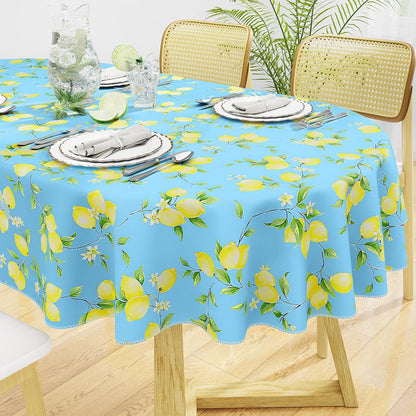 Oval Waterproof Vinyl Table Cloth, Wipeable Tablecloth with Flannel Backing, Plastic Table Cover for Dinner, Picnic, Indoor and Outdoor (Lemon, 52" x 70")