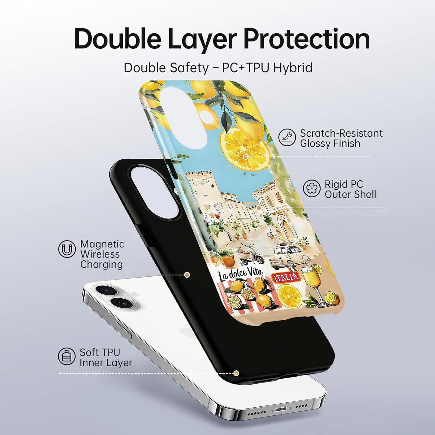 Summer Italian Vacation Lemon Collage Phone Case for iPhone 16 Case Shockproof TPU and Hard PC Protective Compatible with MagSafe Designed Cover Funda for iPhone 16 6.1 Inch