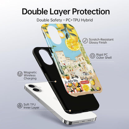 Summer Italian Vacation Lemon Collage Phone Case for iPhone 16 Case Shockproof TPU and Hard PC Protective Compatible with MagSafe Designed Cover Funda for iPhone 16 6.1 Inch