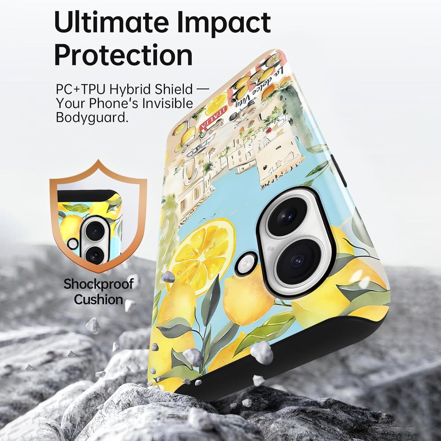 Summer Italian Vacation Lemon Collage Phone Case for iPhone 16 Case Shockproof TPU and Hard PC Protective Compatible with MagSafe Designed Cover Funda for iPhone 16 6.1 Inch