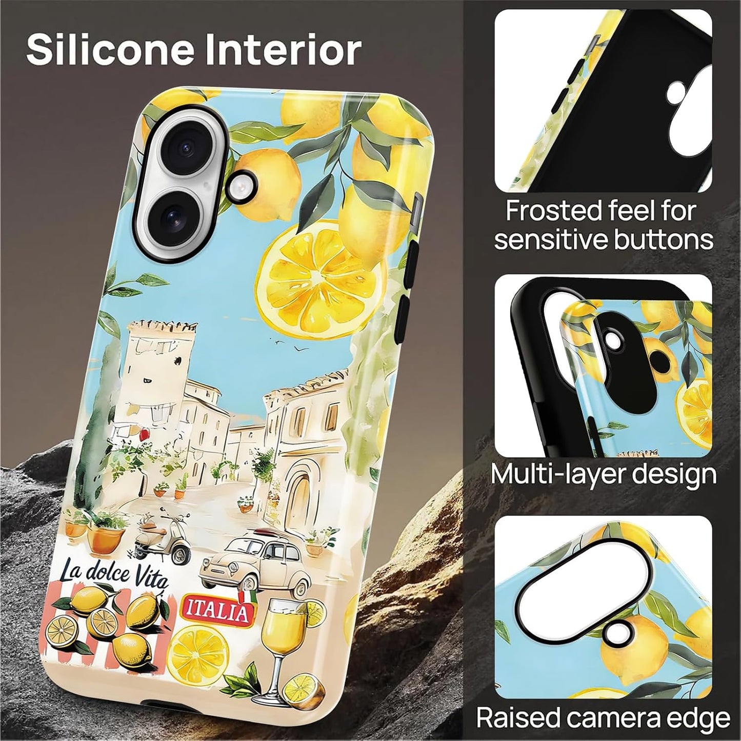 Summer Italian Vacation Lemon Collage Phone Case for iPhone 16 Case Shockproof TPU and Hard PC Protective Compatible with MagSafe Designed Cover Funda for iPhone 16 6.1 Inch