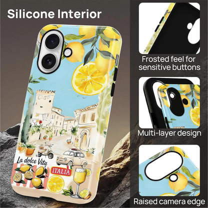 Summer Italian Vacation Lemon Collage Phone Case for iPhone 16 Case Shockproof TPU and Hard PC Protective Compatible with MagSafe Designed Cover Funda for iPhone 16 6.1 Inch