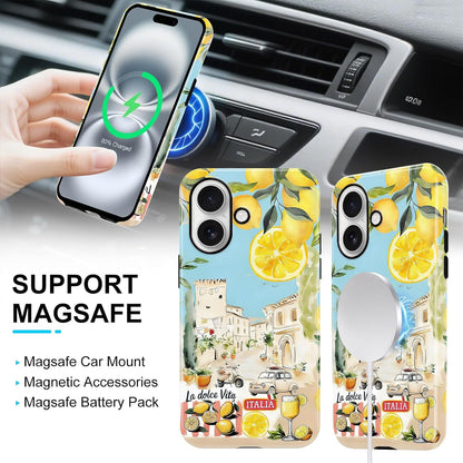 Summer Italian Vacation Lemon Collage Phone Case for iPhone 16 Case Shockproof TPU and Hard PC Protective Compatible with MagSafe Designed Cover Funda for iPhone 16 6.1 Inch