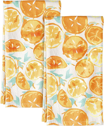 Flour Sack Kitchen Towels - Set of 2 Spring Dish Towels with Hanging Loop 18x26 Inch Absorbent Reusable Cotton Cloths for Cleaning Cute Design Home Decorative Housewarming, Lemon