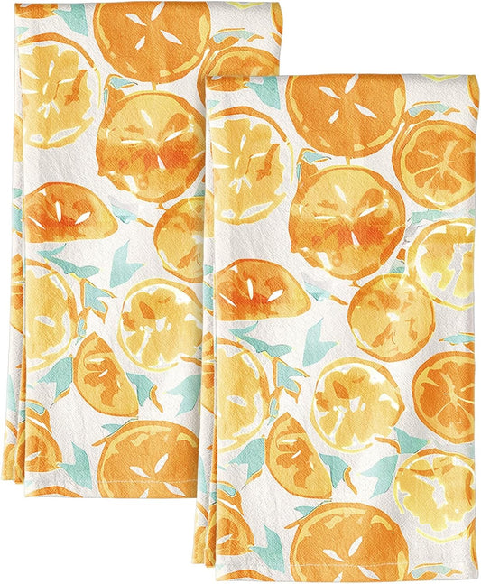 Flour Sack Kitchen Towels - Set of 2 Spring Dish Towels with Hanging Loop 18x26 Inch Absorbent Reusable Cotton Cloths for Cleaning Cute Design Home Decorative Housewarming, Lemon