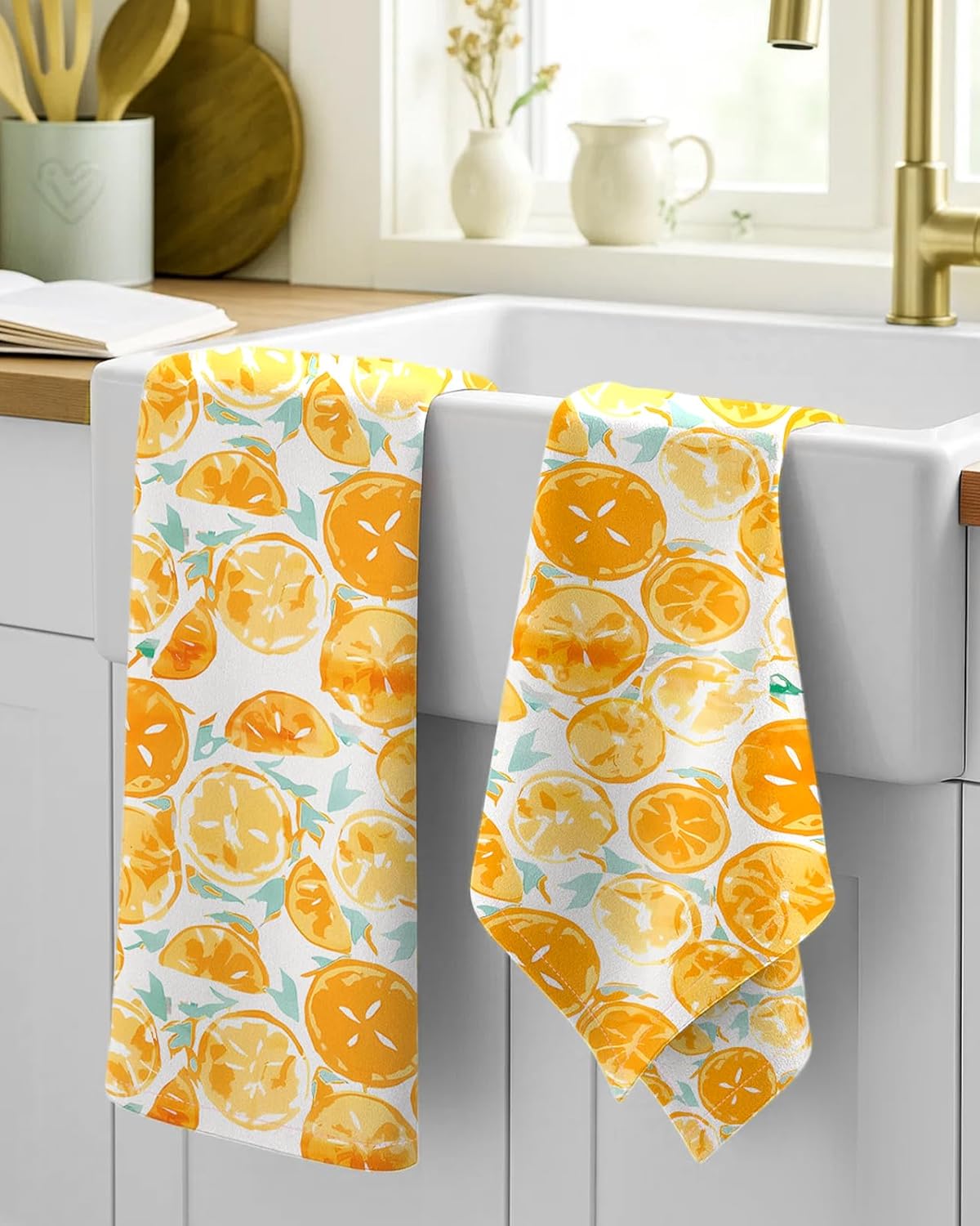 Flour Sack Kitchen Towels - Set of 2 Spring Dish Towels with Hanging Loop 18x26 Inch Absorbent Reusable Cotton Cloths for Cleaning Cute Design Home Decorative Housewarming, Lemon