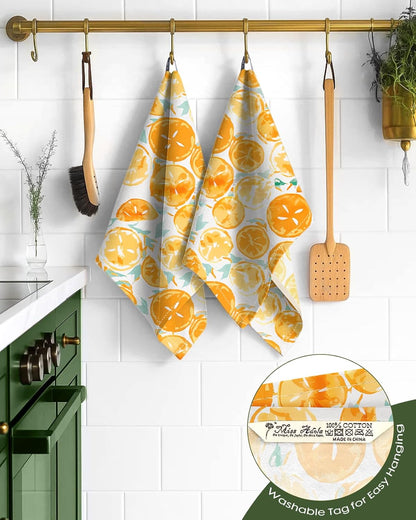 Flour Sack Kitchen Towels - Set of 2 Spring Dish Towels with Hanging Loop 18x26 Inch Absorbent Reusable Cotton Cloths for Cleaning Cute Design Home Decorative Housewarming, Lemon