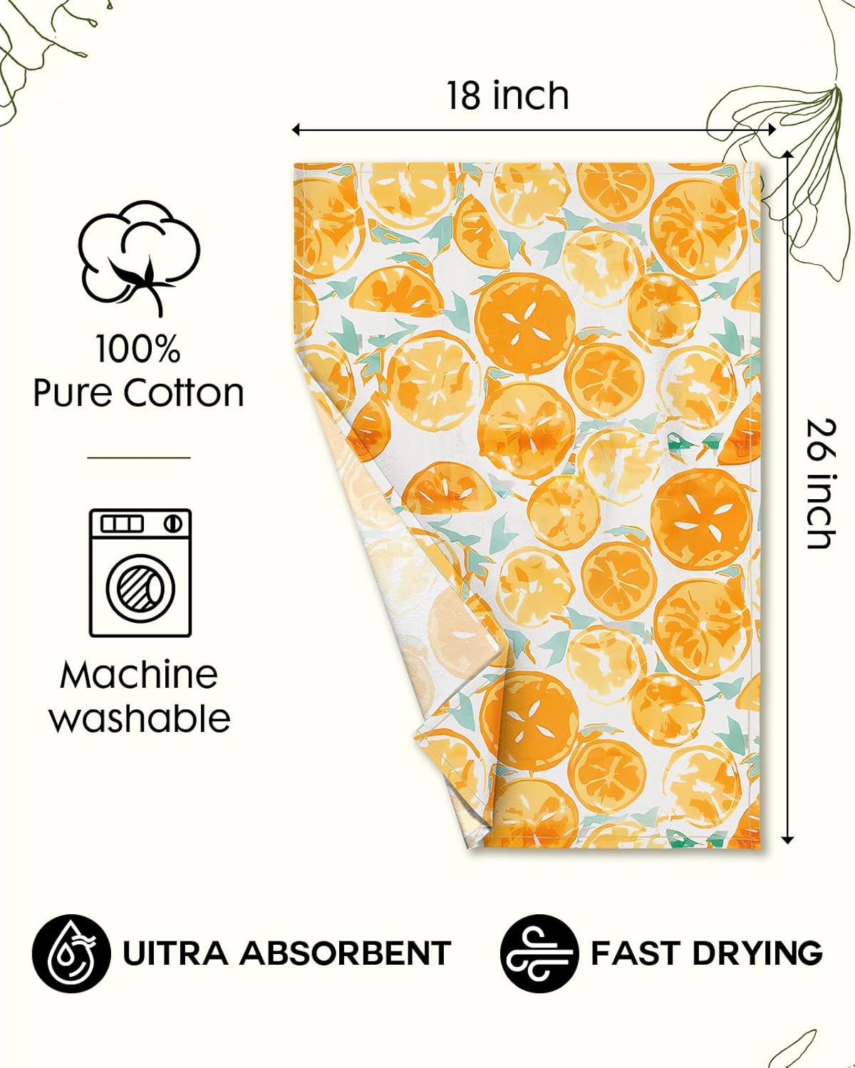 Flour Sack Kitchen Towels - Set of 2 Spring Dish Towels with Hanging Loop 18x26 Inch Absorbent Reusable Cotton Cloths for Cleaning Cute Design Home Decorative Housewarming, Lemon