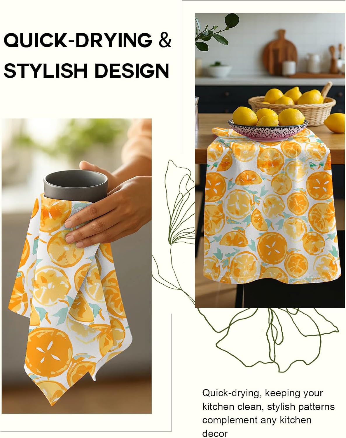 Flour Sack Kitchen Towels - Set of 2 Spring Dish Towels with Hanging Loop 18x26 Inch Absorbent Reusable Cotton Cloths for Cleaning Cute Design Home Decorative Housewarming, Lemon