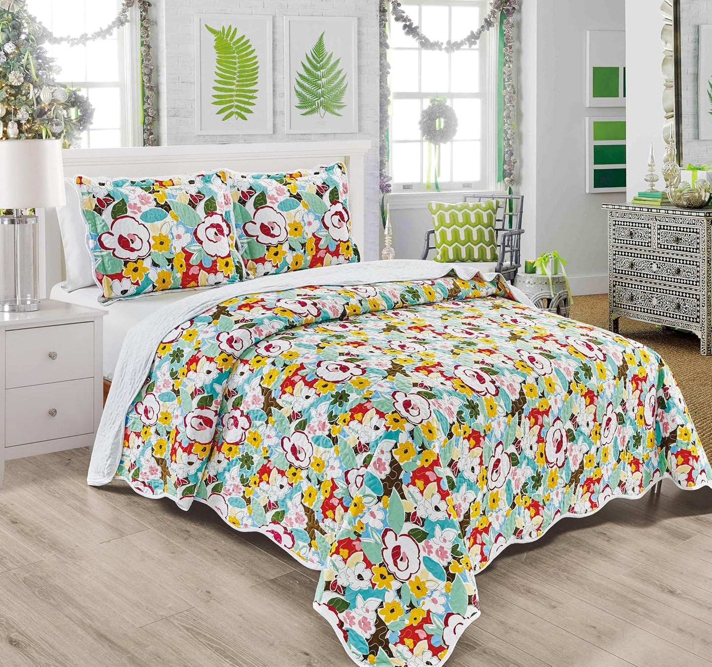 3-Piece Cal King Boho Quilt Set, Blue Yellow Green Red | 120 inch X 106 inch, Oversized, All Season, Floral Pattern, Lightweight Soft Coverlet