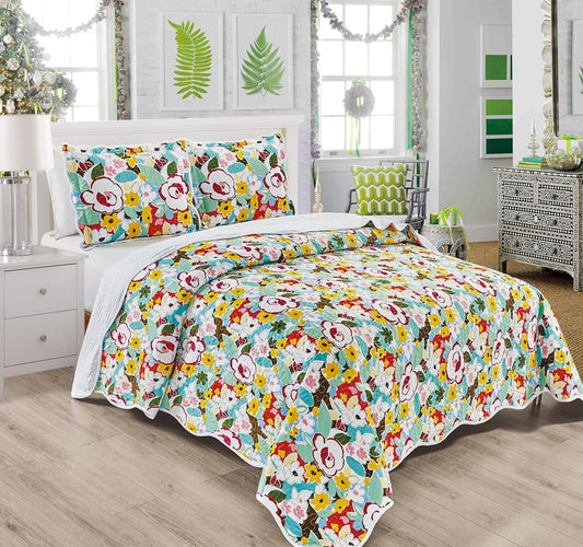 3-Piece Cal King Boho Quilt Set, Blue Yellow Green Red | 120 inch X 106 inch, Oversized, All Season, Floral Pattern, Lightweight Soft Coverlet