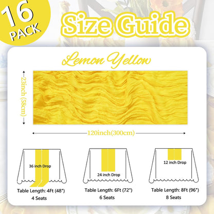 16 Pack Lemon Yellow Cheesecloth Table Runner 10ft Boho Gauze Fabric 120 Inch Cheese Cloth Table Runner Rustic Sheer for Holiday Baby Shower Party Décor Home Wedding Decoration