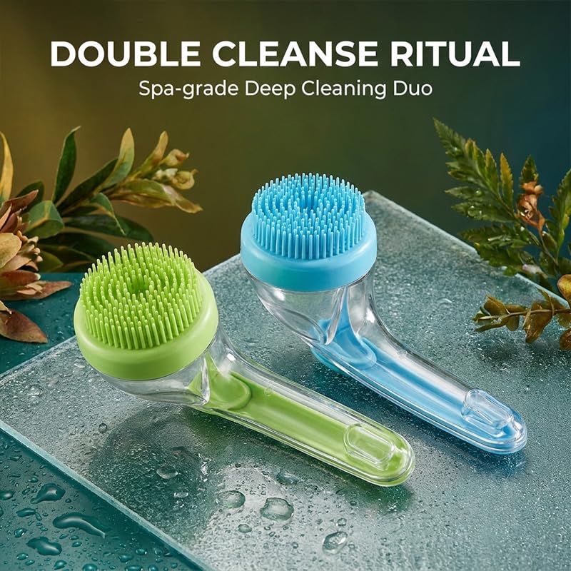 Dog Bath Brush with Shampoo Dispenser Silicone Pet Washing Scrubber & Massage Comb with Extended Handle, Soft Thick or Fine Bristles Grooming Supplies for Dogs & Cats