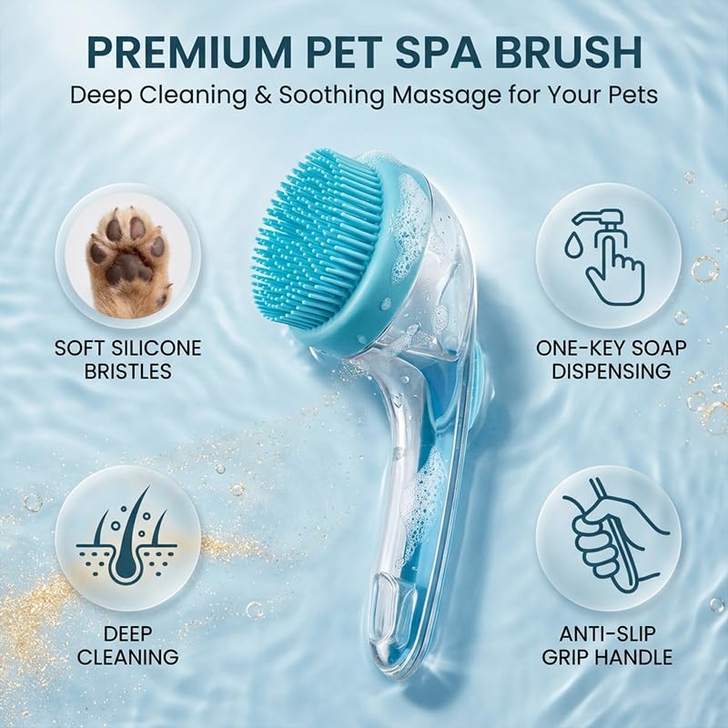 Dog Bath Brush with Shampoo Dispenser Silicone Pet Washing Scrubber & Massage Comb with Extended Handle, Soft Thick or Fine Bristles Grooming Supplies for Dogs & Cats
