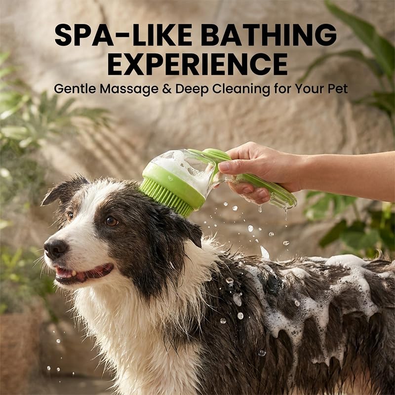 Dog Bath Brush with Shampoo Dispenser Silicone Pet Washing Scrubber & Massage Comb with Extended Handle, Soft Thick or Fine Bristles Grooming Supplies for Dogs & Cats