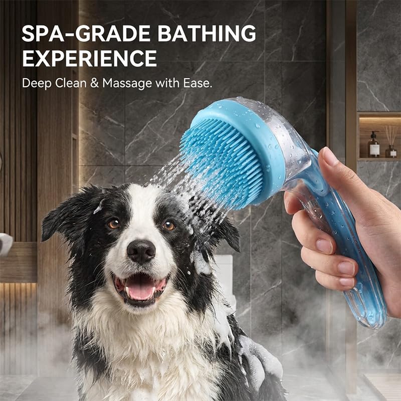 Dog Bath Brush with Shampoo Dispenser Silicone Pet Washing Scrubber & Massage Comb with Extended Handle, Soft Thick or Fine Bristles Grooming Supplies for Dogs & Cats