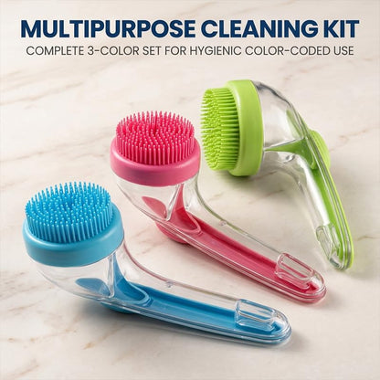 Dog Bath Brush with Shampoo Dispenser Silicone Pet Washing Scrubber & Massage Comb with Extended Handle, Soft Thick or Fine Bristles Grooming Supplies for Dogs & Cats