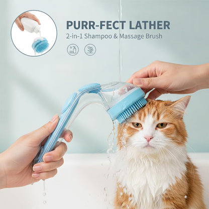 Dog Bath Brush with Shampoo Dispenser Silicone Pet Washing Scrubber & Massage Comb with Extended Handle, Soft Thick or Fine Bristles Grooming Supplies for Dogs & Cats