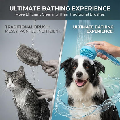 Dog Bath Brush with Shampoo Dispenser Silicone Pet Washing Scrubber & Massage Comb with Extended Handle, Soft Thick or Fine Bristles Grooming Supplies for Dogs & Cats