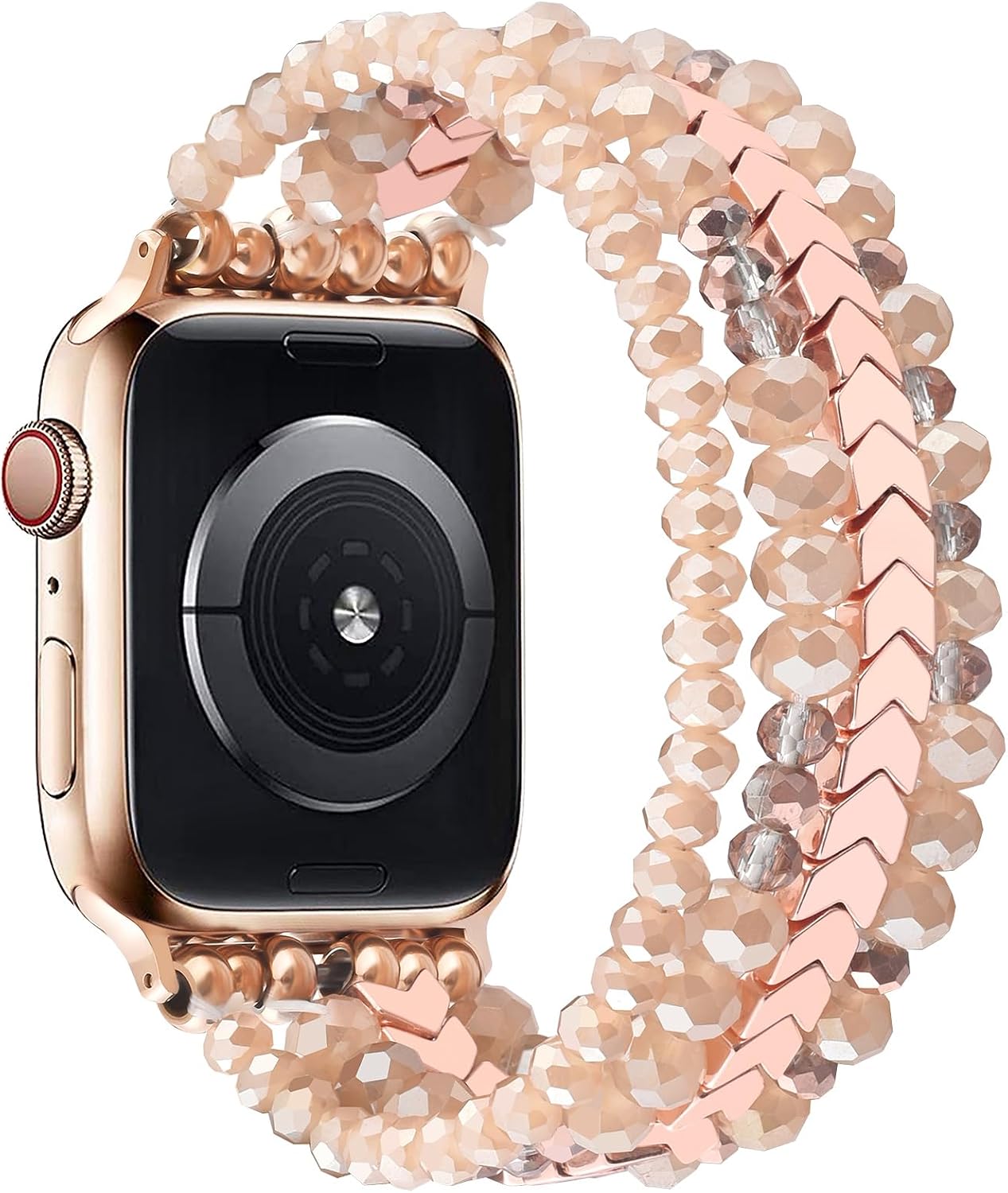 Beaded Bracelet Apple Watch Band 42/44/45/49/46mm for Series 11-1 SE | Women Fashion Handmade Elastic Strap, Shiny Crystal Rose Gold Yellowish, Hypoallergenic No Clasp, Fits 6''-6.9'' Wrists
