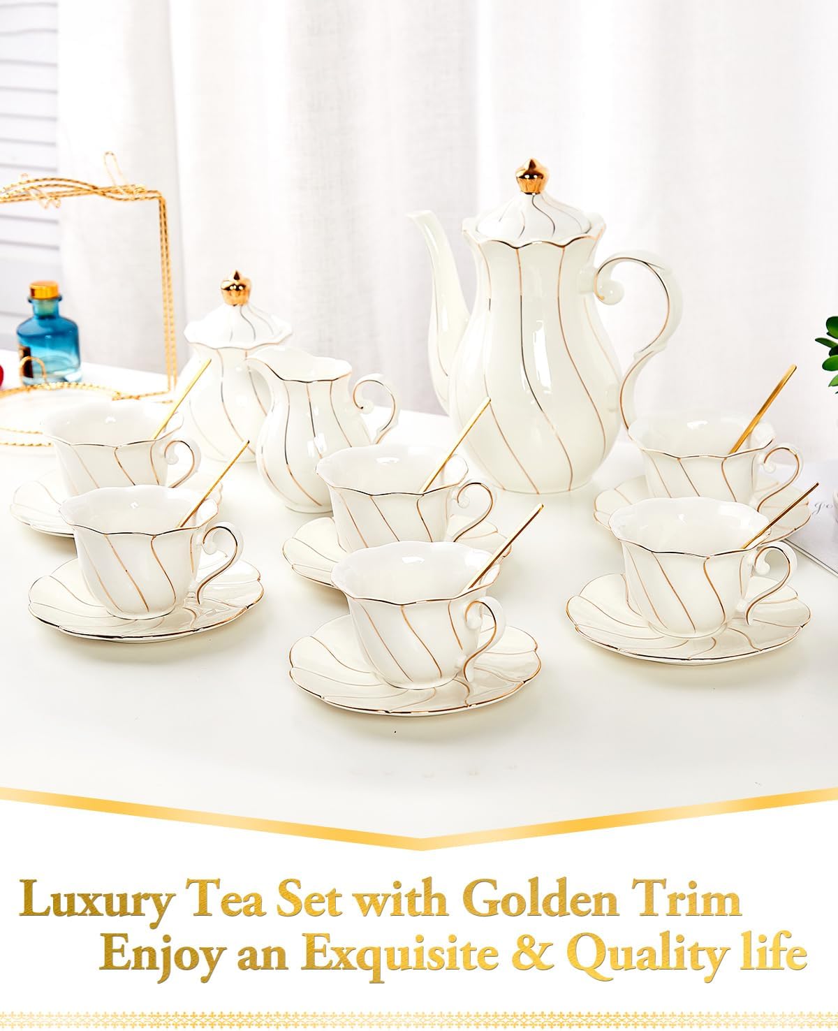 22 pcs White Porcelain Tea Set for 6, Luxury British Style Tea/Coffee Cup Set with Golden Trim, Beautiful Tea Set for Women, Tea Party Set, Gift Package (With a Stand)