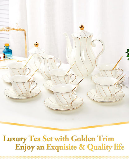 22 pcs White Porcelain Tea Set for 6, Luxury British Style Tea/Coffee Cup Set with Golden Trim, Beautiful Tea Set for Women, Tea Party Set, Gift Package (With a Stand)
