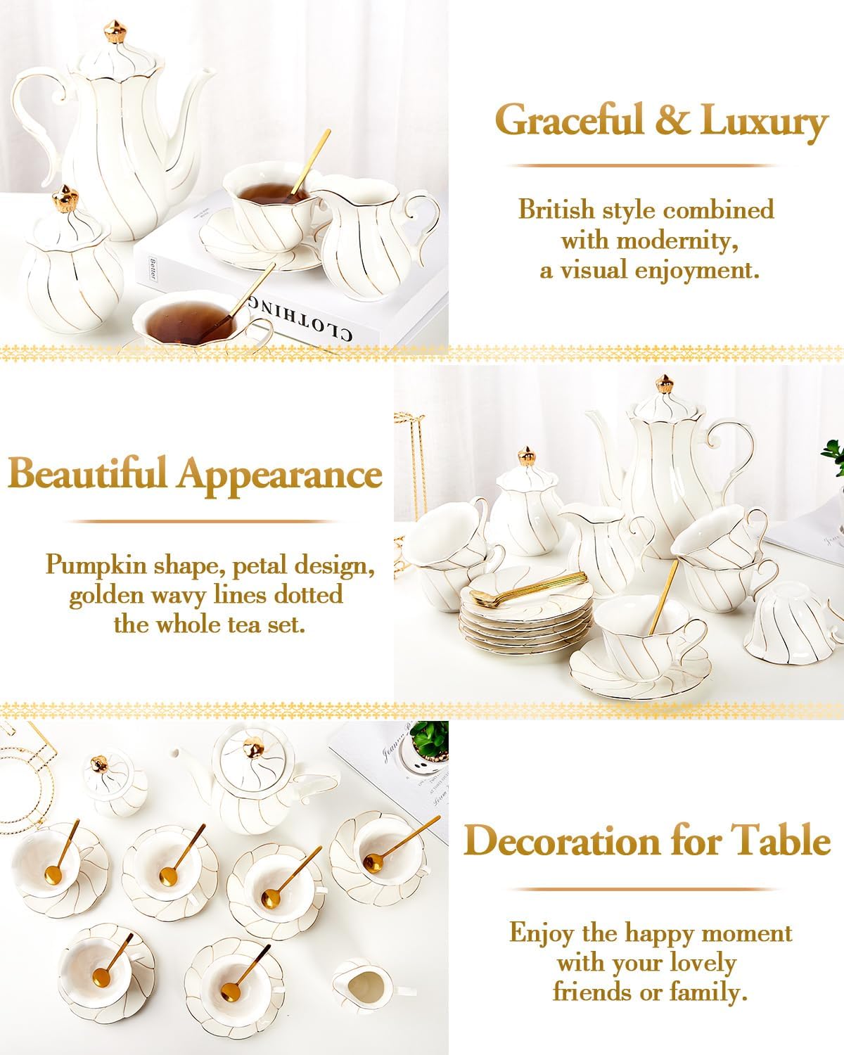 22 pcs White Porcelain Tea Set for 6, Luxury British Style Tea/Coffee Cup Set with Golden Trim, Beautiful Tea Set for Women, Tea Party Set, Gift Package (With a Stand)