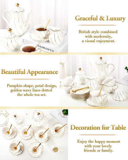 22 pcs White Porcelain Tea Set for 6, Luxury British Style Tea/Coffee Cup Set with Golden Trim, Beautiful Tea Set for Women, Tea Party Set, Gift Package (With a Stand)