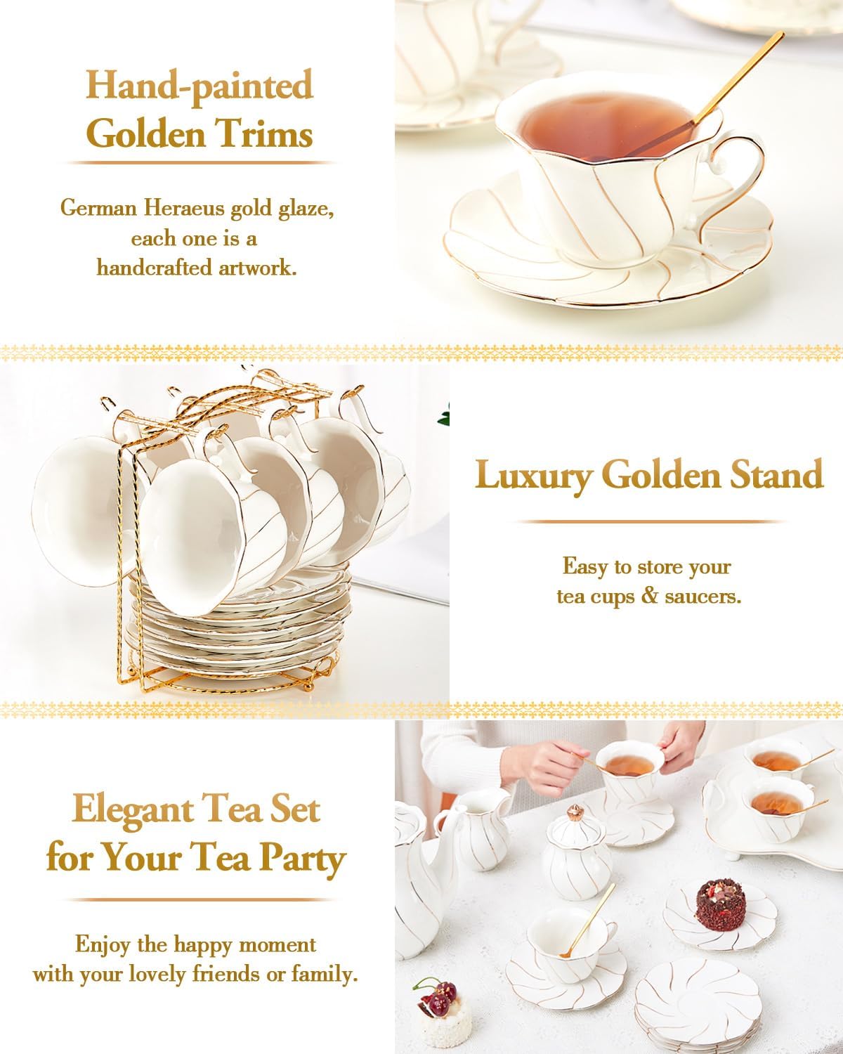 22 pcs White Porcelain Tea Set for 6, Luxury British Style Tea/Coffee Cup Set with Golden Trim, Beautiful Tea Set for Women, Tea Party Set, Gift Package (With a Stand)