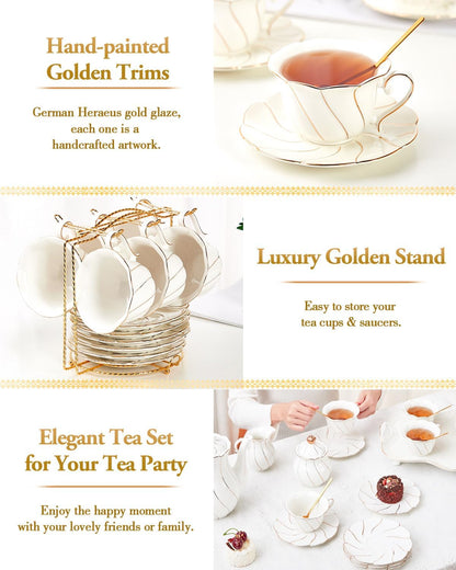 22 pcs White Porcelain Tea Set for 6, Luxury British Style Tea/Coffee Cup Set with Golden Trim, Beautiful Tea Set for Women, Tea Party Set, Gift Package (With a Stand)