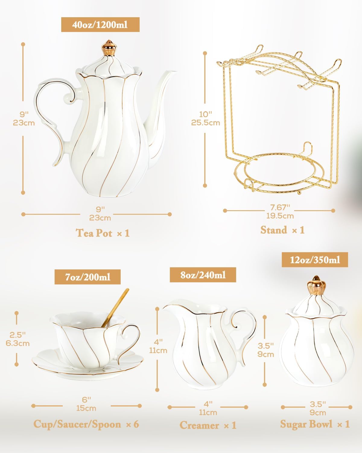 22 pcs White Porcelain Tea Set for 6, Luxury British Style Tea/Coffee Cup Set with Golden Trim, Beautiful Tea Set for Women, Tea Party Set, Gift Package (With a Stand)
