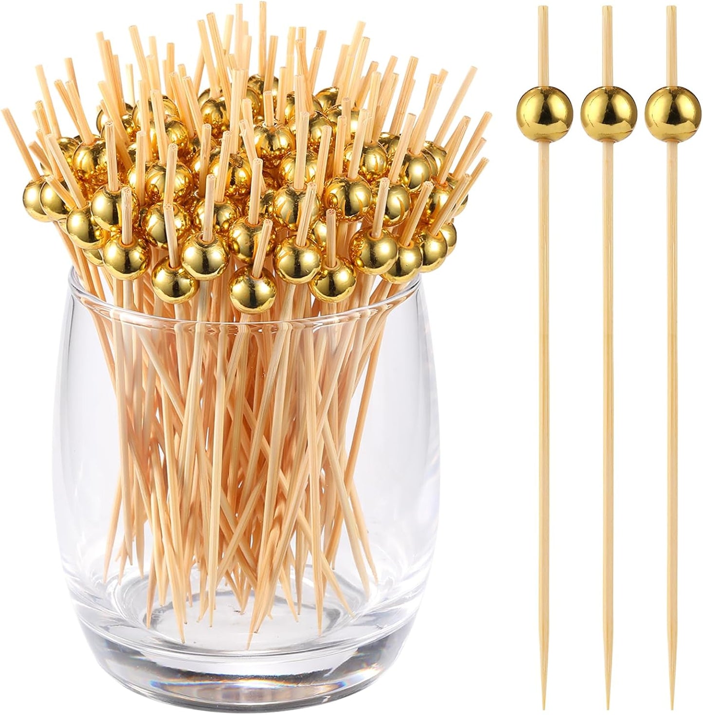 200 Pcs Cocktail Picks, Gold Plastic Ball Decor Skewer for Appetizers, Fruit, Kebabs, Mini Burger, Bamboo Skewers for Drinks, Handheld Toothpicks, Food Sticks Natural, Kitchen Gadget