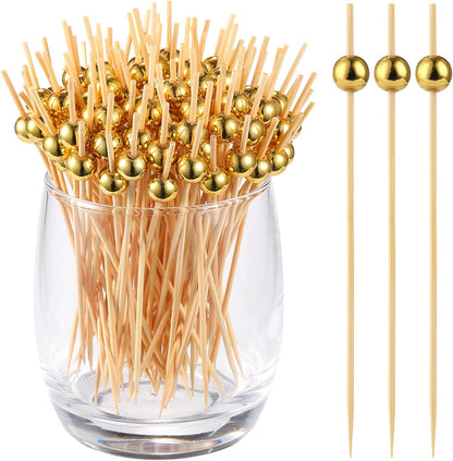 200 Pcs Cocktail Picks, Gold Plastic Ball Decor Skewer for Appetizers, Fruit, Kebabs, Mini Burger, Bamboo Skewers for Drinks, Handheld Toothpicks, Food Sticks Natural, Kitchen Gadget