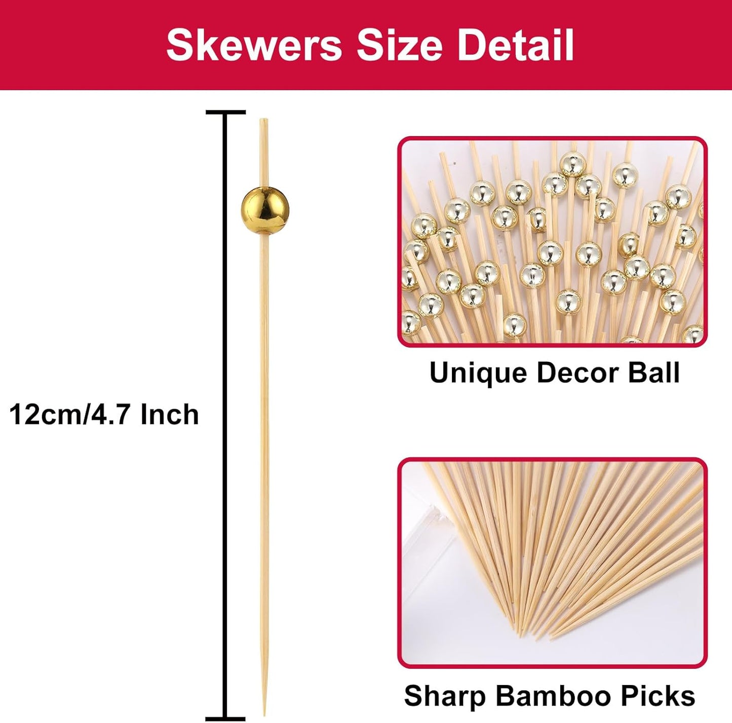 200 Pcs Cocktail Picks, Gold Plastic Ball Decor Skewer for Appetizers, Fruit, Kebabs, Mini Burger, Bamboo Skewers for Drinks, Handheld Toothpicks, Food Sticks Natural, Kitchen Gadget