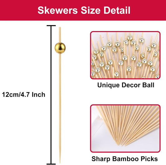 200 Pcs Cocktail Picks, Gold Plastic Ball Decor Skewer for Appetizers, Fruit, Kebabs, Mini Burger, Bamboo Skewers for Drinks, Handheld Toothpicks, Food Sticks Natural, Kitchen Gadget