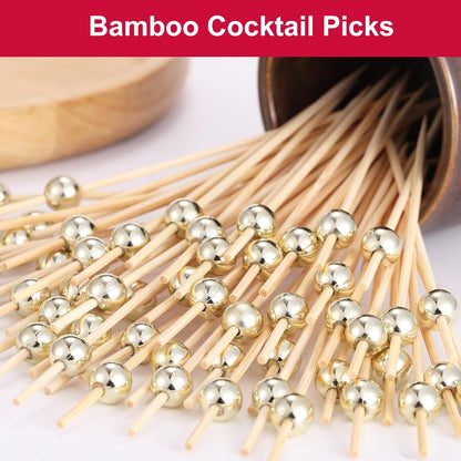 200 Pcs Cocktail Picks, Gold Plastic Ball Decor Skewer for Appetizers, Fruit, Kebabs, Mini Burger, Bamboo Skewers for Drinks, Handheld Toothpicks, Food Sticks Natural, Kitchen Gadget