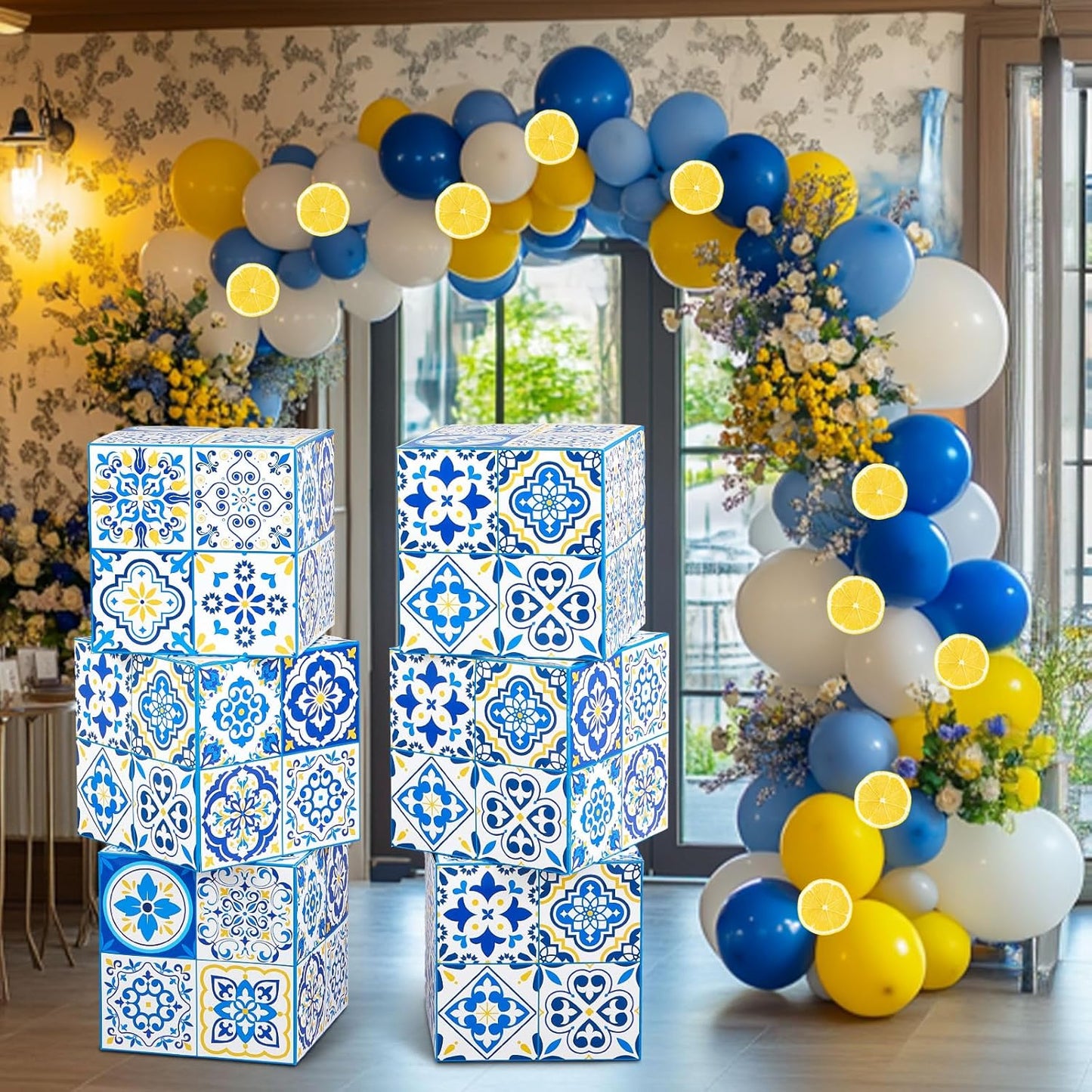 106 Pcs Large Amalfi Coast Party Decorations Boxes with 100 Pcs 10/5 Inch Blue and Yellow Capri Lemon Balloon, 12 Inch Amalfi Coast Cardboard Box for Birthday Baby Shower Wedding Supplies