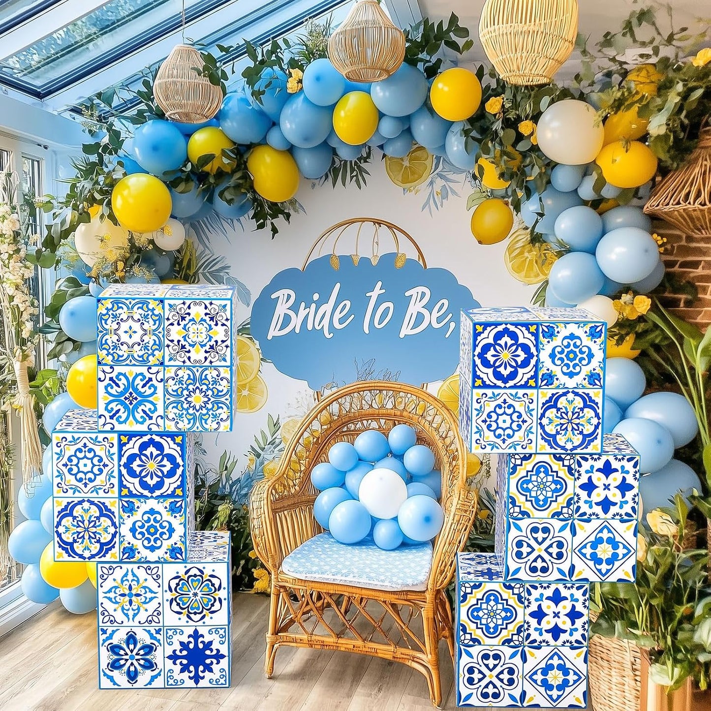 106 Pcs Large Amalfi Coast Party Decorations Boxes with 100 Pcs 10/5 Inch Blue and Yellow Capri Lemon Balloon, 12 Inch Amalfi Coast Cardboard Box for Birthday Baby Shower Wedding Supplies